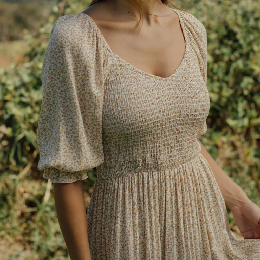 Smocked Floral Midi Dress in Light Beige - Picture 1 of 4